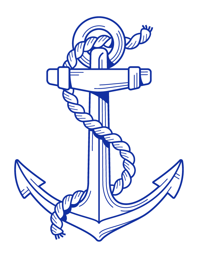 A blue line drawing of a classic anchor with a thick rope wrapped around it, shown on a plain light background.